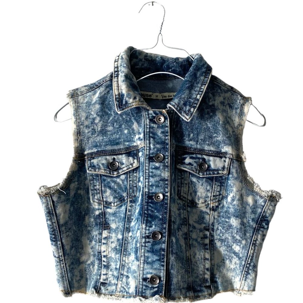Dollhouse Hipster Festival Acid Washed Denim Jean Vest w/ Distressed Vintage Det
